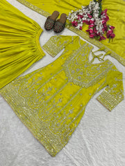 Flattering Yellow Color Heavy Work Sharara Suit