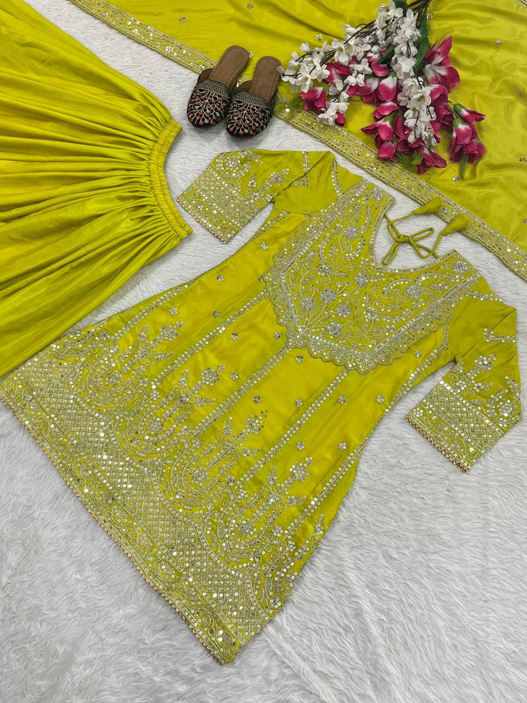 Flattering Yellow Color Heavy Work Sharara Suit
