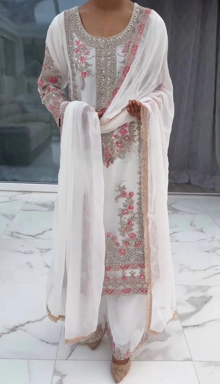 Occasion Wear Heavy Work White Color Palazzo Suit