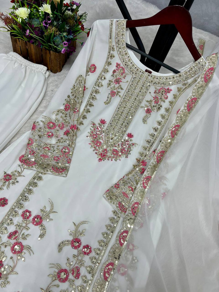 Occasion Wear Heavy Work White Color Palazzo Suit