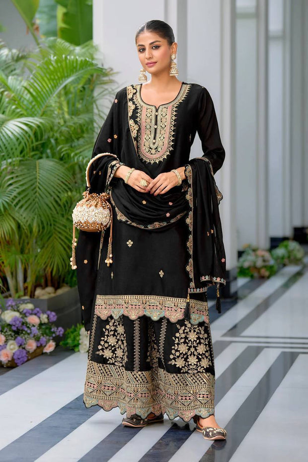 Wonderful Embroidery Work Black Color Sharara Suit