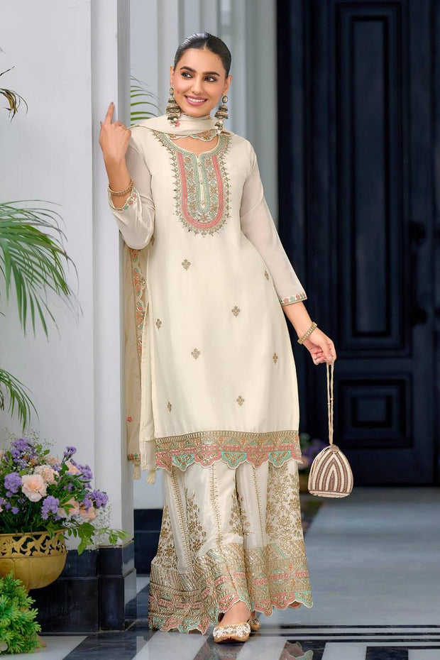 Wonderful Embroidery Work White Color Sharara Suit
