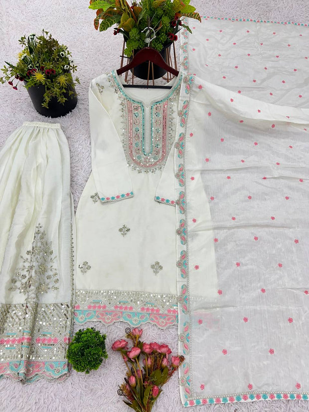 Wonderful Embroidery Work White Color Sharara Suit