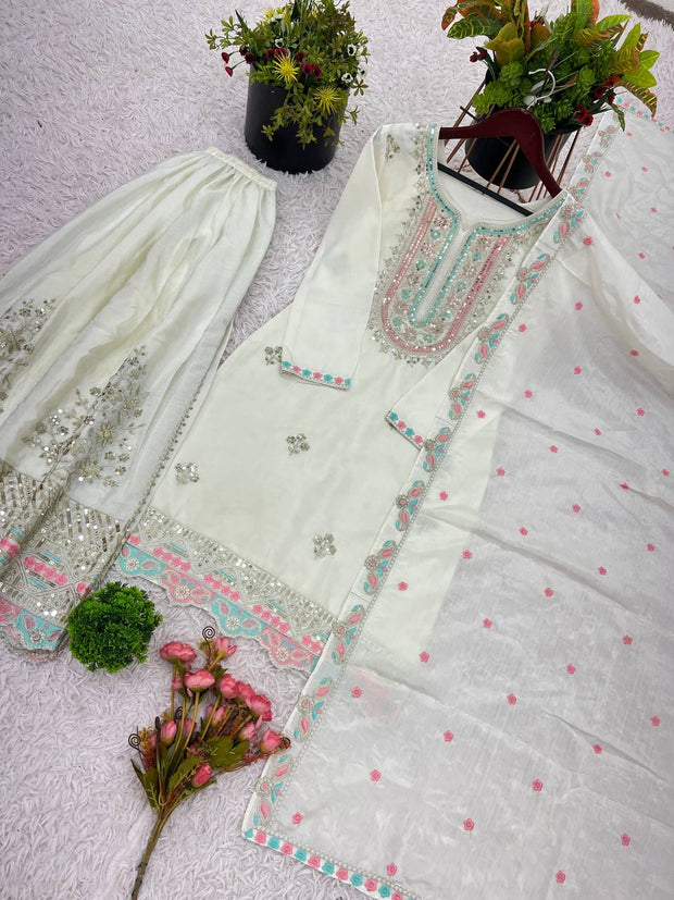 Wonderful Embroidery Work White Color Sharara Suit