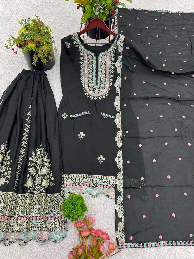 Wonderful Embroidery Work Black Color Sharara Suit