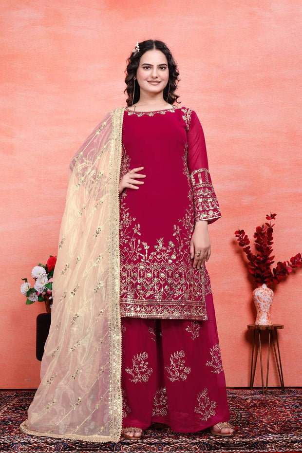 Delightful Heavy Work Red Color Sharara Suit