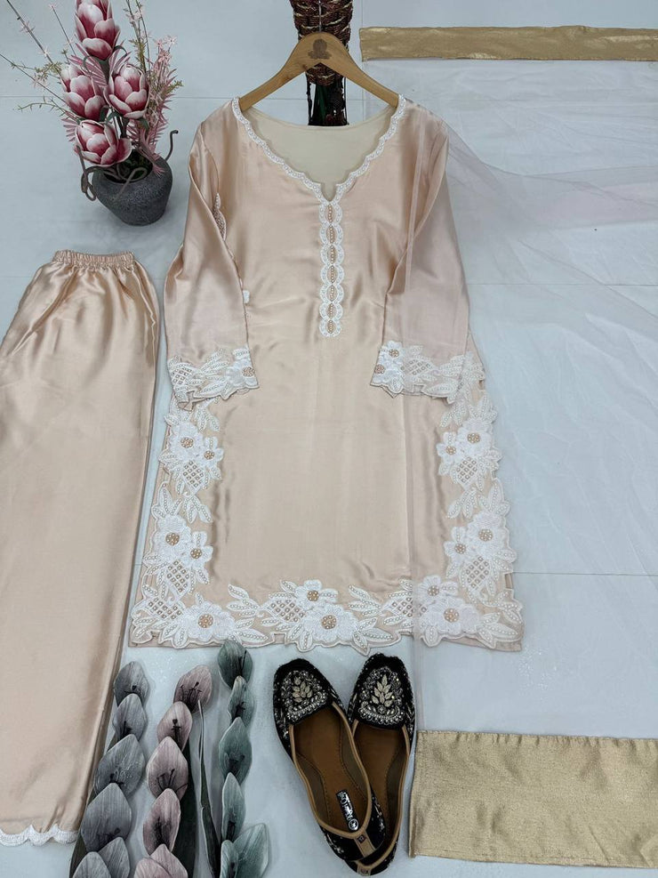 Stylish Peral Moti Hand Work Cream Color Palazzo Suit