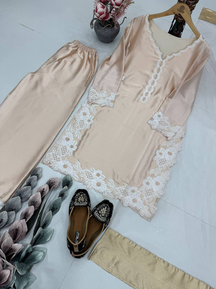 Stylish Peral Moti Hand Work Cream Color Palazzo Suit