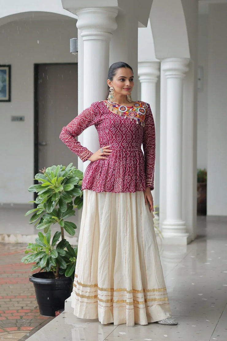 Red Color Bandhani Printed Top With Lehenga For Navratri