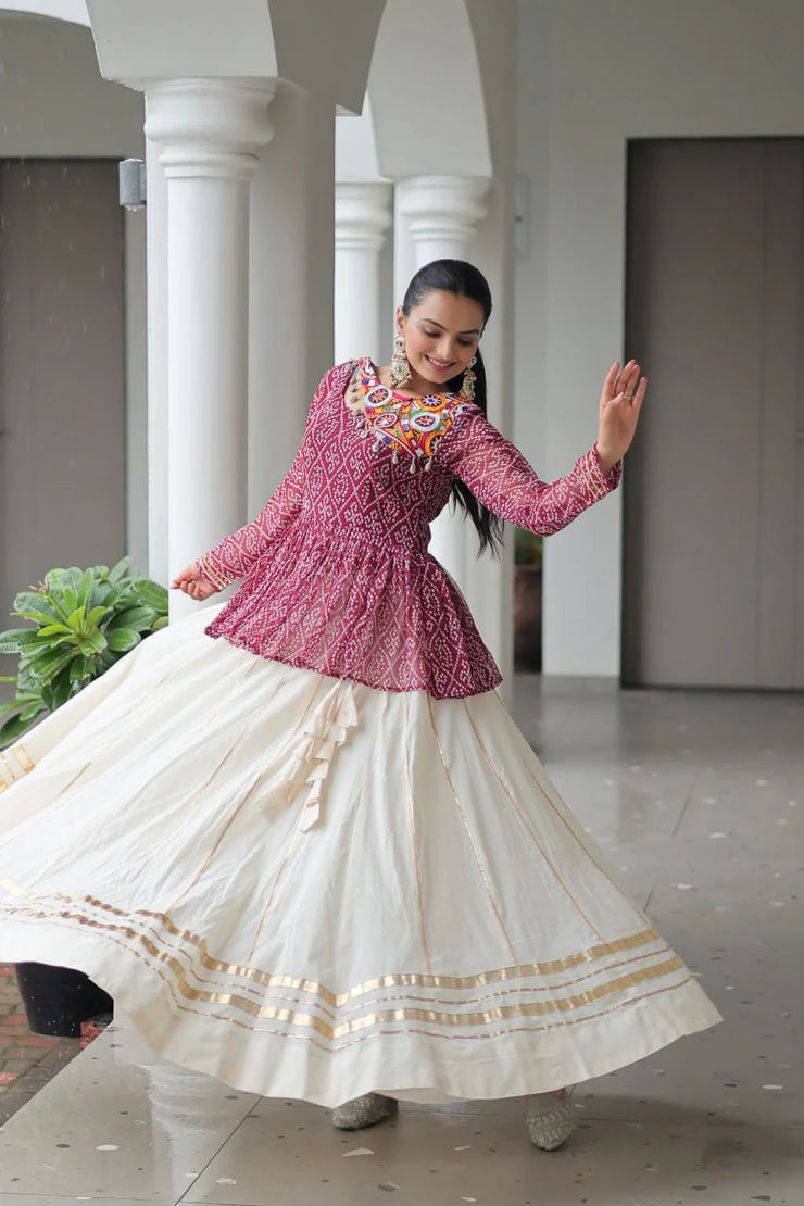 Red Color Bandhani Printed Top With Lehenga For Navratri