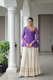 Purple Color Bandhani Printed Top With Lehenga For Navratri