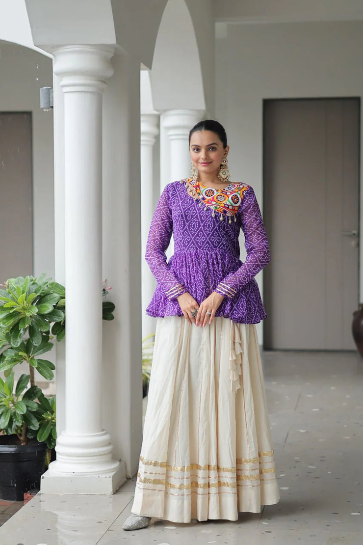 Purple Color Bandhani Printed Top With Lehenga For Navratri
