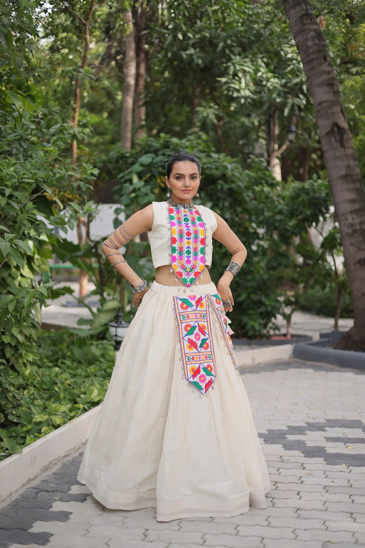 Glorious White Cotton With Kutchi Gamthi Work Lehenga Choli