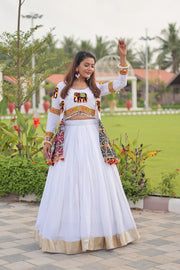 Stylish White Cotton Gamthi Work Lehenga Choli